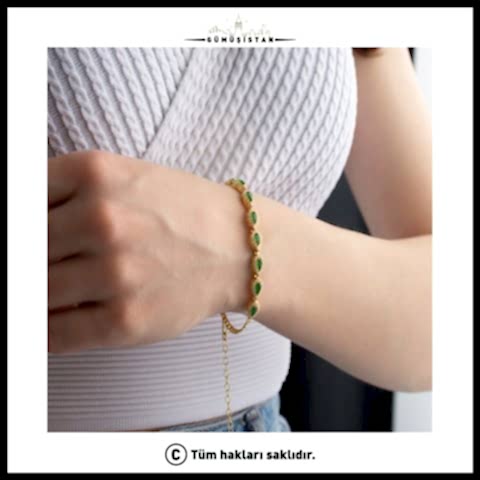 925 Ayar Gümüş Yeşil Taşlı Damla Bileklik