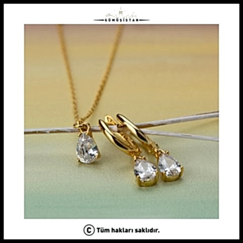 925 Ayar Gümüş Damla Taşlı Kolye-Küpe Seti