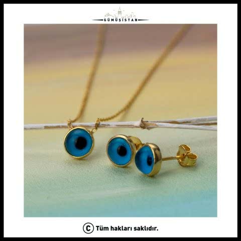 925 Ayar Gümüş Göz Nazarlı Küpe-Kolye Takı Seti