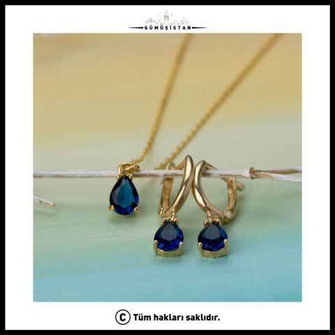 925 Ayar Gümüş Lacivert Taşlı Kolye-Küpe Takı Seti