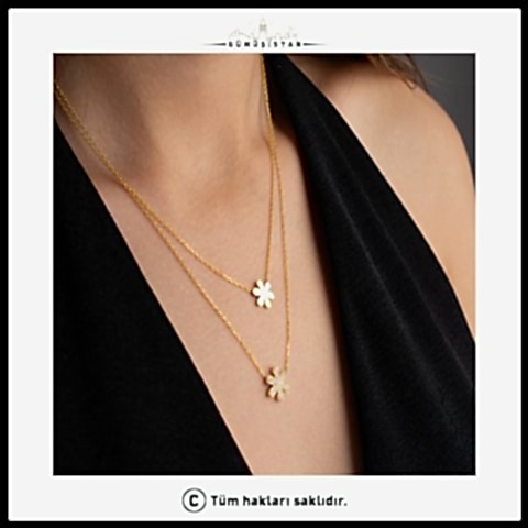 925 Ayar Gümüş Çift Zincir Papatya Kolye