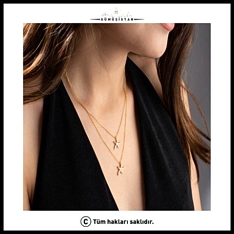 925 Ayar Gümüş Çift Zincir Deniz Yıldızı Kolye