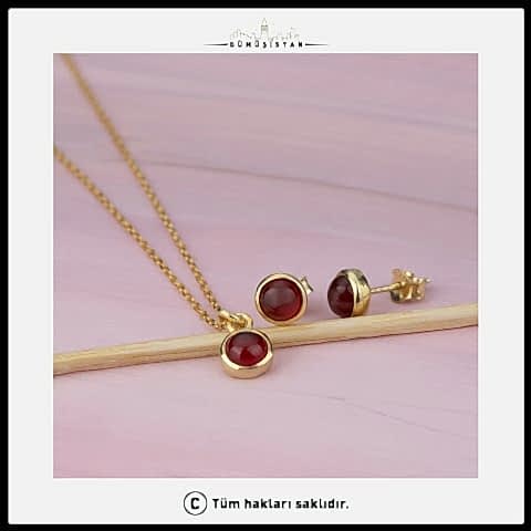 925 Ayar Gümüş Bordo Taş Detaylı Takı Seti