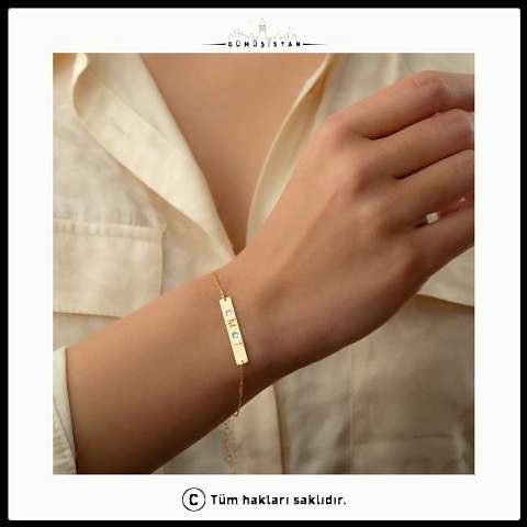 925 Ayar Gümüş Kişiye Özel Taş Detaylı Plaka Bileklik