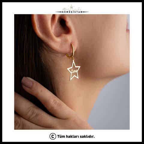 925 Ayar Gümüş Kişiye Özel İsim Detaylı Yıldız Küpe