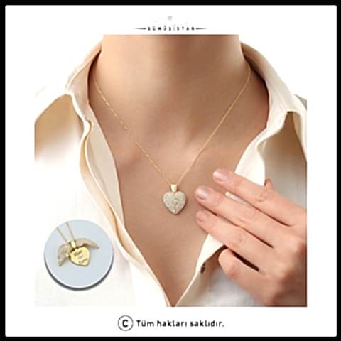 925 Ayar Açılıp Kapanan Kanatlı Taş Detaylı Kalp Kolye