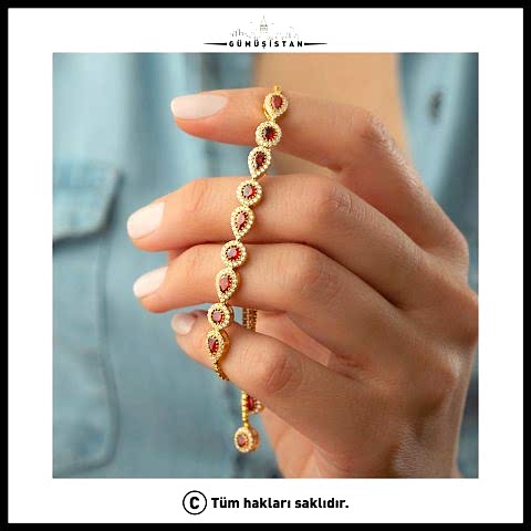 925 Ayar Gümüş Kırmızı Damla Taşlı Asansörlü Bileklik