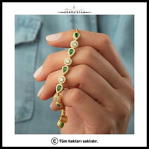 925 Ayar Gümüş Yeşil Damla Taşlı Asansörlü Bileklik