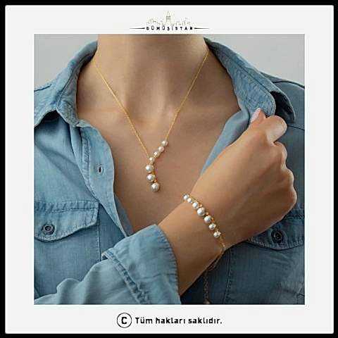 925 Ayar Gümüş İncili Kolye Bileklik Seti