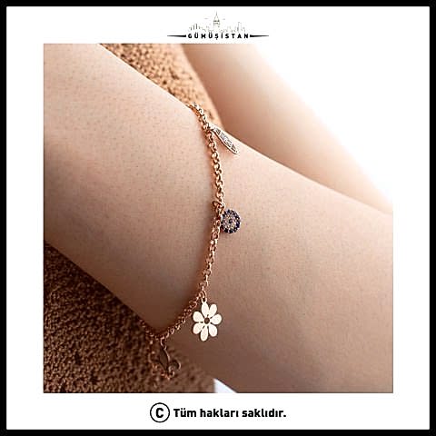925 Ayar Gümüş Lotus & Yaşam Çiçekli Nazarlı Şans Bileklik