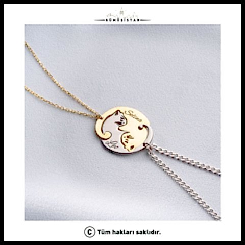 925 Ayar Gümüş Birbirini Tamamlayan İsimli Kedicik Sevgili Kolyesi