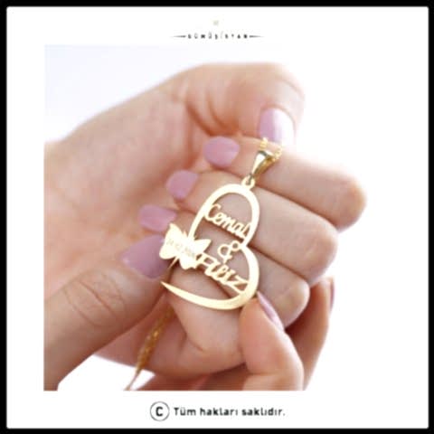 925 Ayar Gümüş İsimli Kelebekli Kalp Kolye