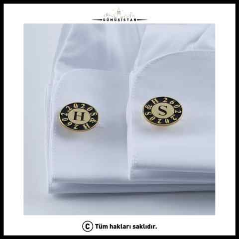 925 Ayar Gümüş Altın Kaplama Harfli & Tarihli Kol Dügmesi