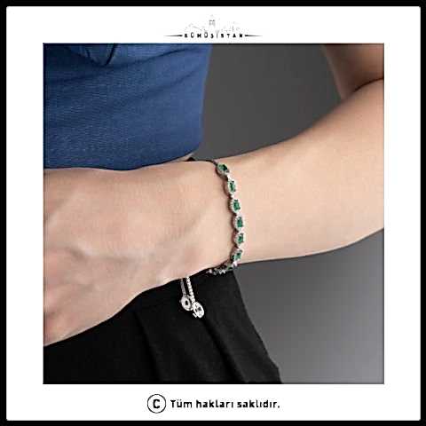 925 Ayar Gümüş Yeşil Taşlı Asansörlü Bileklik