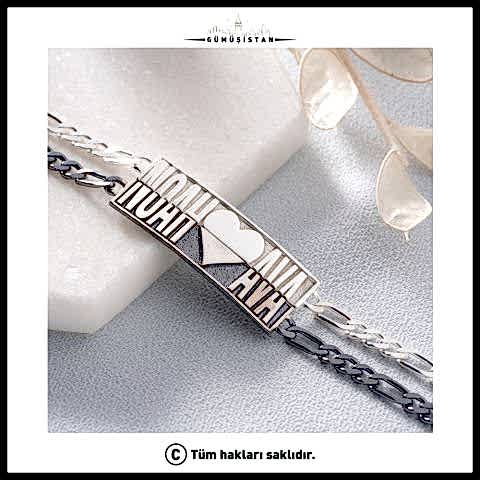 925 Ayar Gümüş Kişiye Özel Kalpli Çift Bileklik