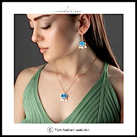 925 Ayar Gümüş Süryani Gözü Nazar Kolye Küpe Seti