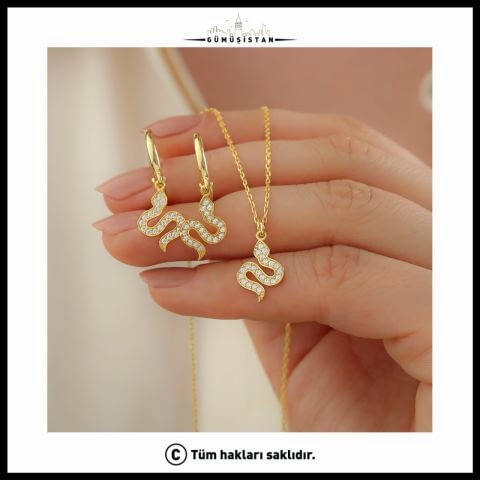 925 Ayar Gümüş Yılanlı Küpe Kolye Seti