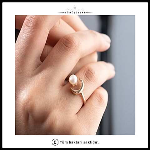 925 Ayar Gümüş İncili Hilal Yüzük