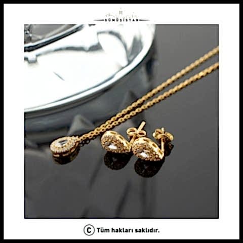 925 Ayar Gümüş Damla Taşlı Kolye-Küpe Seti