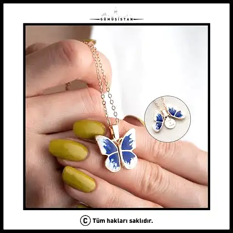 Kişiye Özel İsimli Kanatları Açılabilen Mavi Renkli Kelebek Kolye