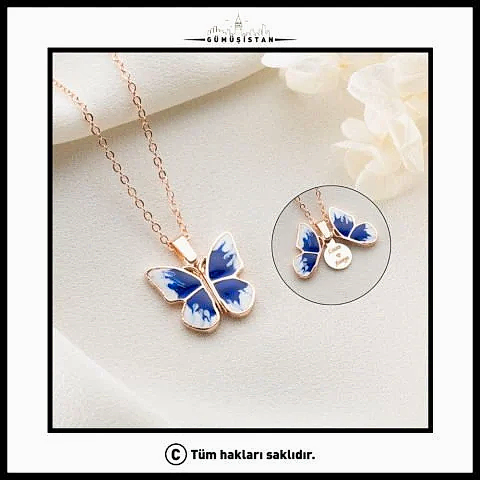 Kişiye Özel İsimli Kanatları Açılabilen Mavi Renkli Kelebek Kolye
