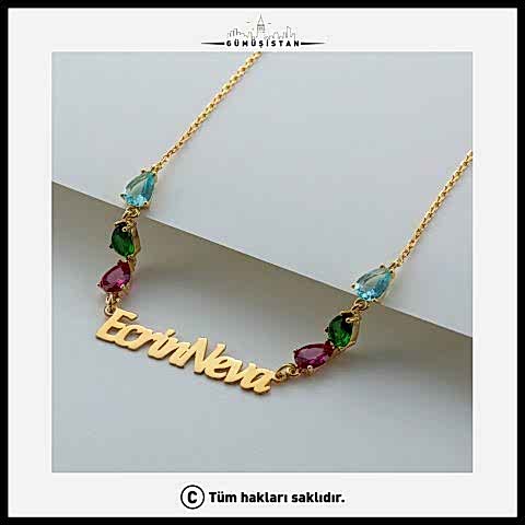 925 Ayar Gümüş İsimli Renkli Taş Kolye