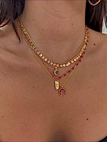 Yarısı Kırmızı Doğal Taşlı Plaka Kolye - 925 Ayar Kolye