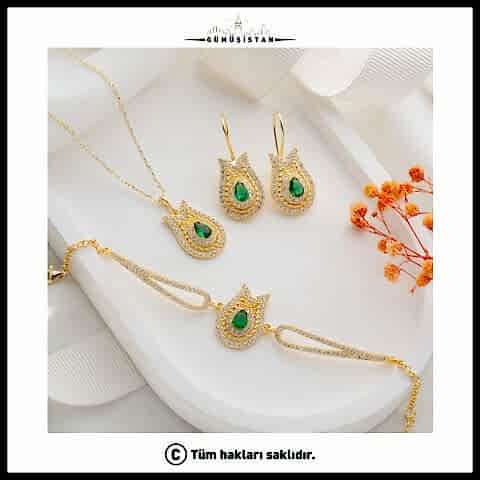 925 Ayar Gümüş Lale Desenli Kolye-Küpe ve Bileklik Set