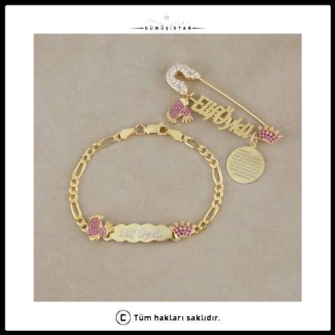 925 Ayar Gümüş İnce Bulut Bileklik Ve Lazer Kesim İğne Set Pembe Taç