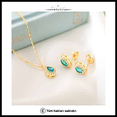 925 Ayar Gümüş Aralık Ayı Doğum Taşı ( Blue Topaz ) Kolye - Küpe Set