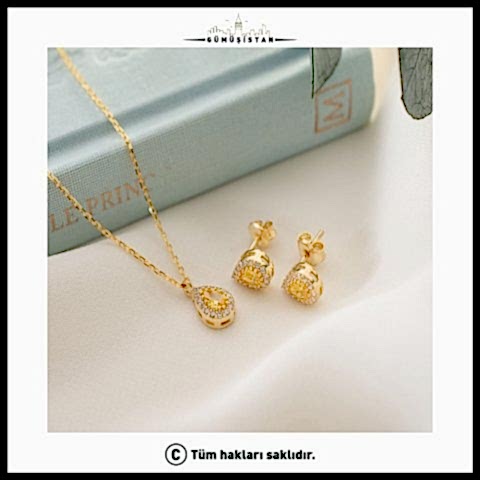 925 Ayar Gümüş Kasım Ayı Doğum Taşı ( Citrine ) Kolye - Küpe Seti