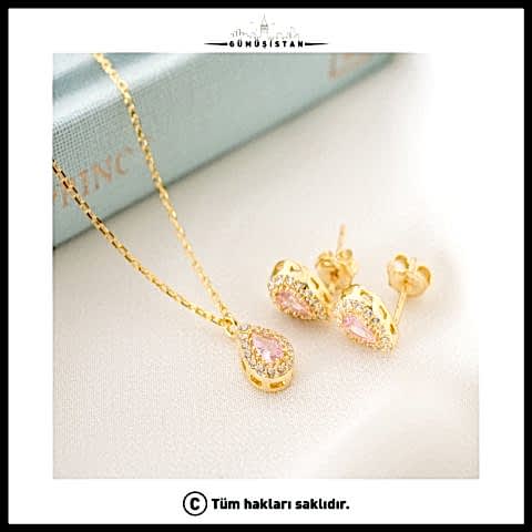 925 Ayar Gümüş Ekim Ayı Doğum Taşı ( Pink Tourmaline ) Kolye - Küpe Seti