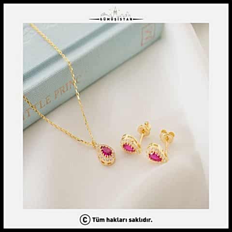925 Ayar Gümüş Temmuz Ayı Doğum Taşı ( Ruby ) Kolye - Küpe Seti
