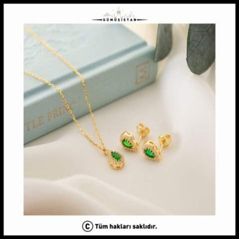 925 Ayar Gümüş Mayıs Ayı Doğum Taşı ( Emerald ) Kolye - Küpe Seti