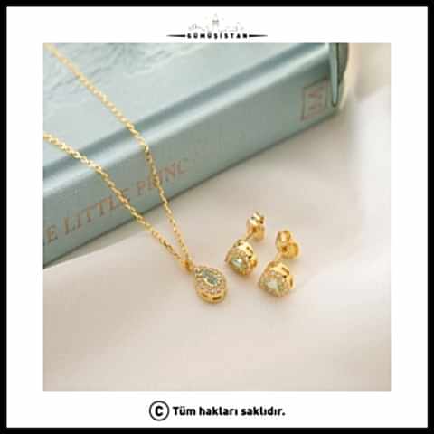 925 Ayar Gümüş Nisan Ayı Doğum Taşı ( Diamond ) Kolye - Küpe Seti