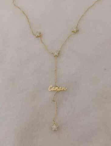 Taşlı Yıldız Figürlü Y Yatay İsim Kolye - 925 Ayar Gümüş