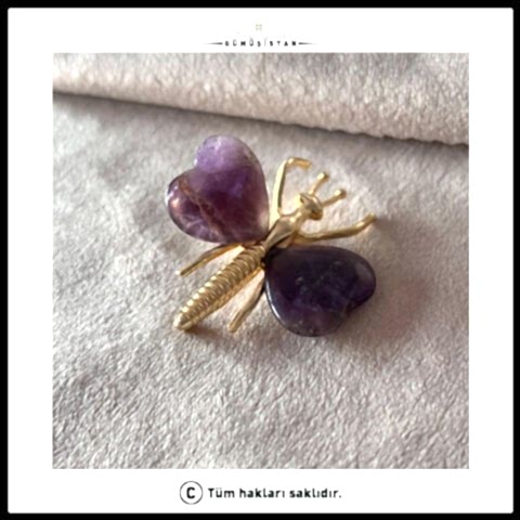 14 Ayar Altın Kaplama Mor Doğal Taş Yusufçuk Broş