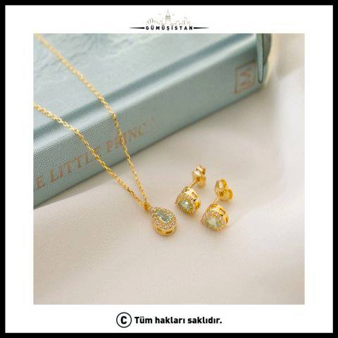 925 Ayar Gümüş Mart Ayı Doğum Taşı ( Aquamarine ) Kolye - Küpe Seti