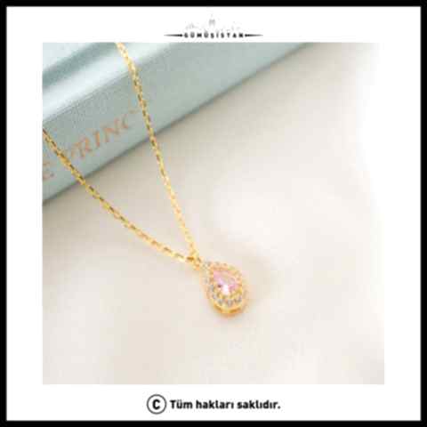 925 Ayar Gümüş Ekim Ayı Doğum Taşı ( Pink Tourmaline ) Damla Kolye