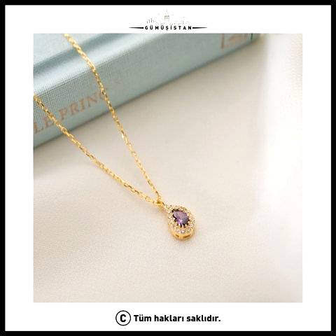 925 Ayar Gümüş Şubat Ayı Doğum Taşı ( Ametist ) Damla Kolye