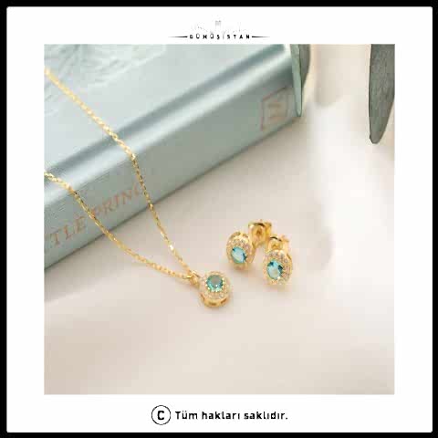 925 Ayar Gümüş Aralık Ayı Doğum Taşı ( Blue Topaz ) Kolye - Küpe Seti