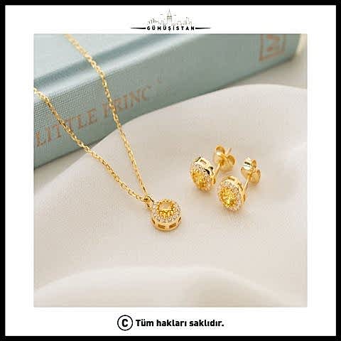 925 Ayar Gümüş Kasım Ayı Doğum Taşı ( Citrine ) Kolye - Küpe Seti