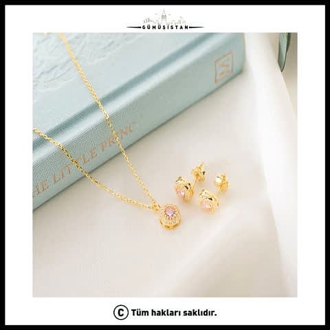 925 Ayar Gümüş Ekim Ayı Doğum Taşı ( Pink Tourmaline ) Kolye - Küpe Seti