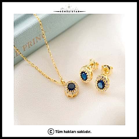 925 Ayar Gümüş Eylül Ayı Doğum Taşı ( Sapphire ) Kolye - Küpe Seti