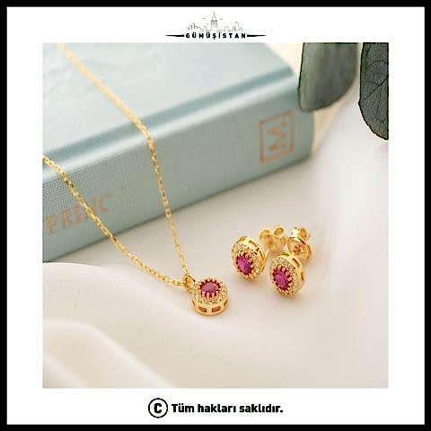 925 Ayar Gümüş Temmuz Ayı Doğum Taşı ( Ruby ) Kolye - Küpe Seti