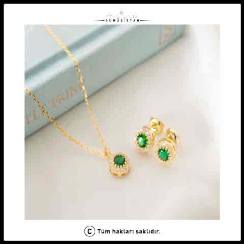 925 Ayar Gümüş Mayıs Ayı Doğum Taşı ( Emerald ) Kolye - Küpe Seti