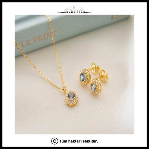 925 Ayar Gümüş Mart Ayı Doğum Taşı ( Aquamarine ) Kolye - Küpe Seti