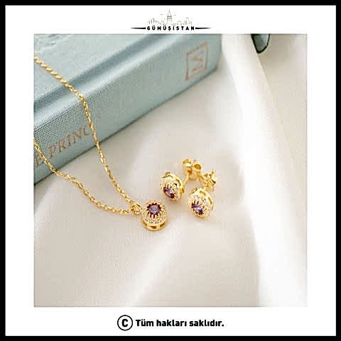 925 Ayar Gümüş Şubat Ayı Doğum Taşı ( Ametist ) Kolye - Küpe Seti