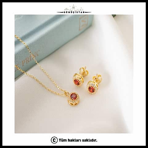 925 Ayar Gümüş Ocak Ayı Doğum Taşı ( Garnet ) Kolye - Küpe Seti