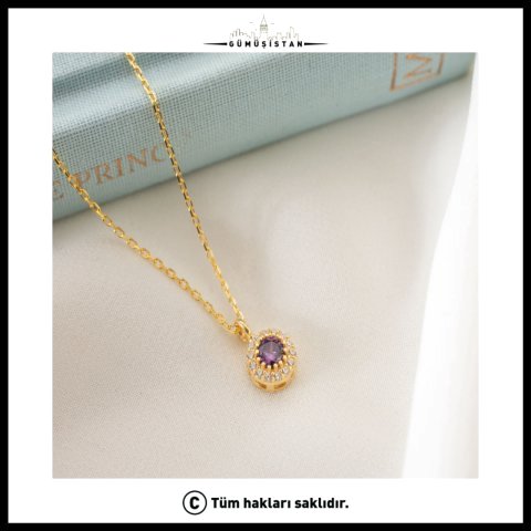 925 Ayar Gümüş Şubat Ayı Doğum Taşı ( Ametist ) Kolye